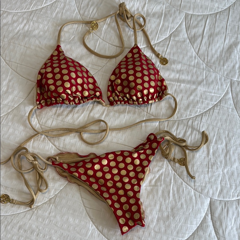 Luli fama Red and Gold Polka Dot Bikini - top size Med bottoms size Small - EUC